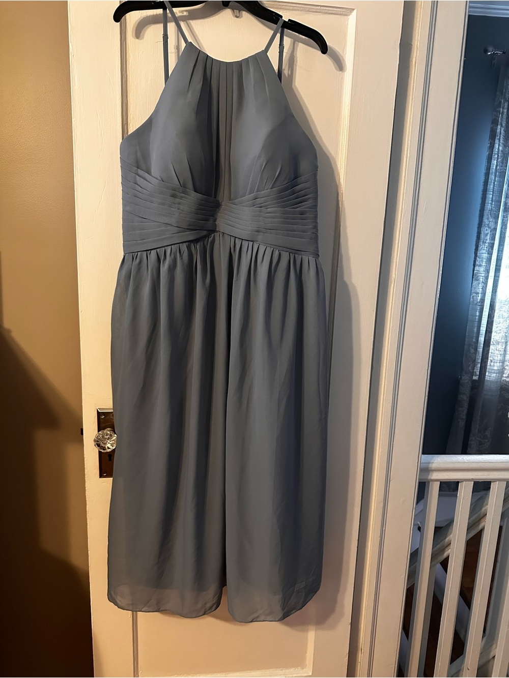 Elegant Halter Chiffon Midi Dress in Dusty Blue